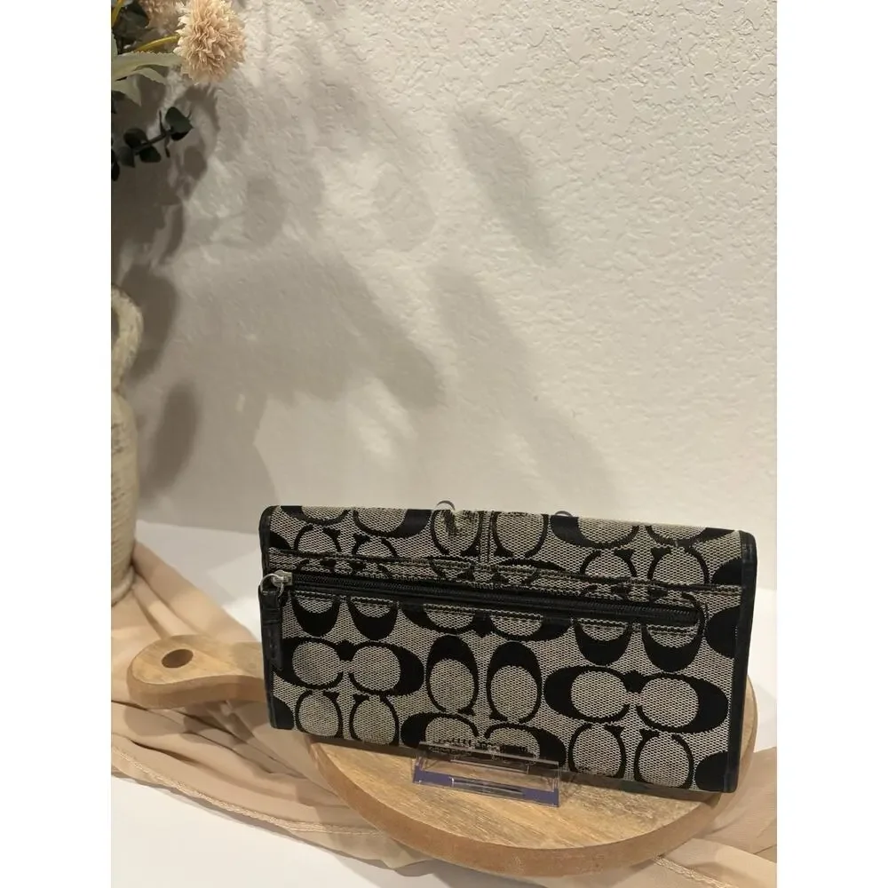 Coach Signature Black & Khaki Jacquard Trifold Wallet Checkbook Organizer